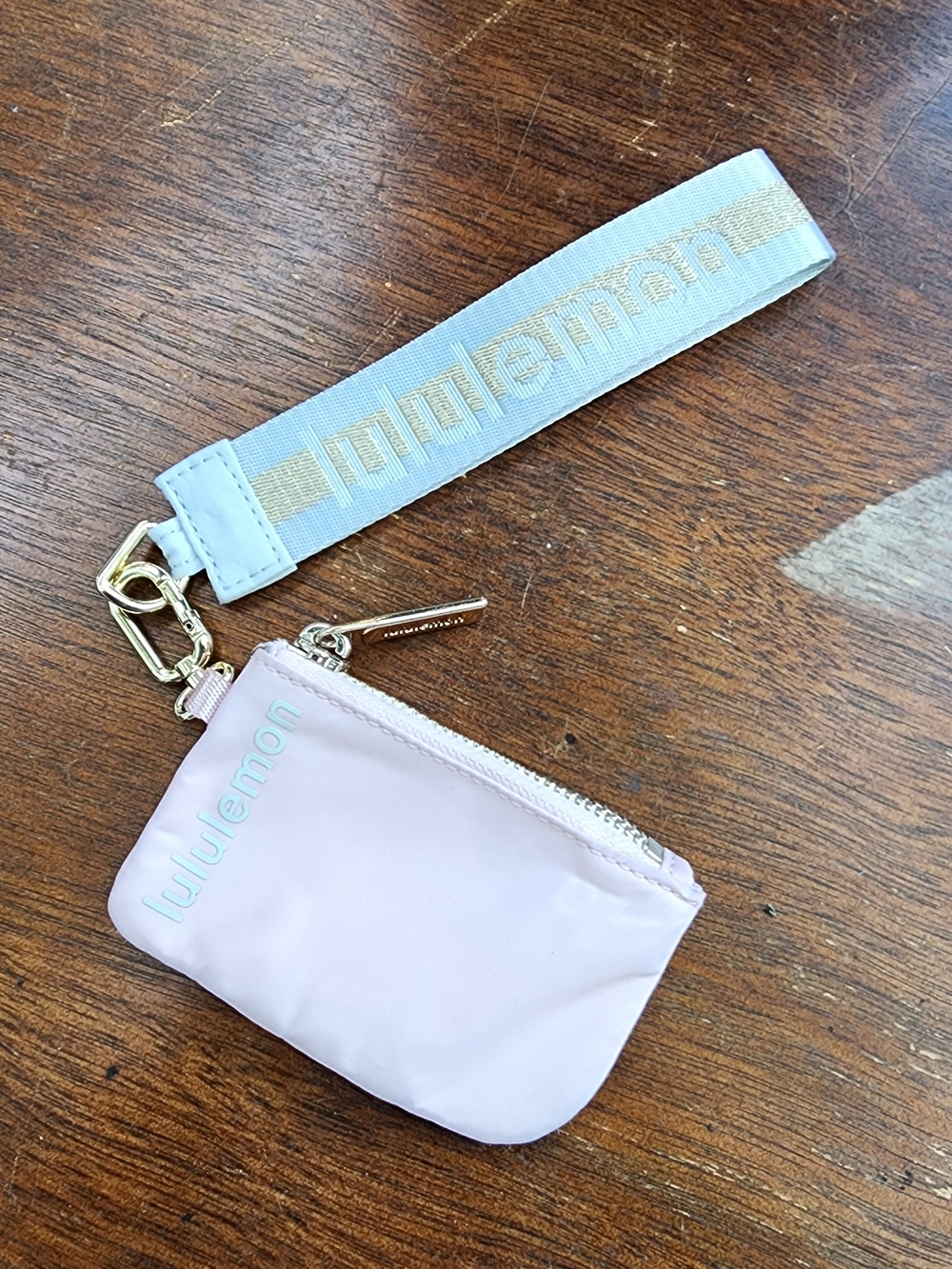 LULULEMON Pouch Wristlet Pink Pearl Light Ivory Gold Logo Keychain Wallet